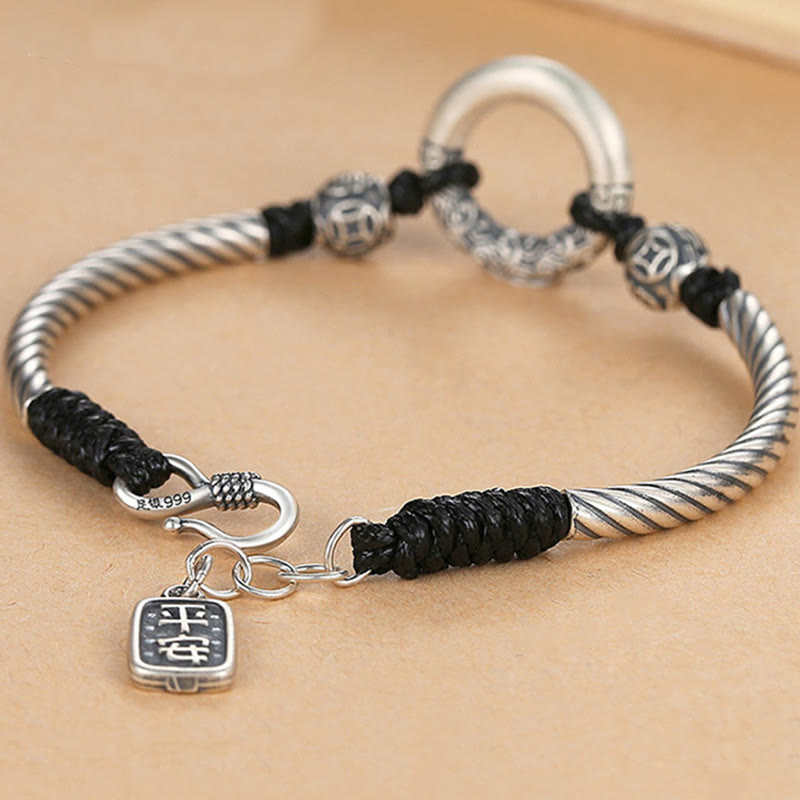 Fortune Jewel 999 Sterling Silver Fu Character Peace Buckle Copper Coin Auspicious Clouds Fortune Bracelet