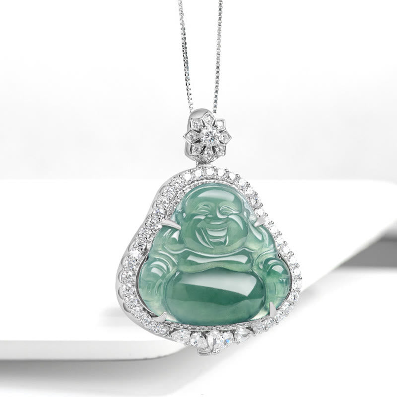 Fortune Jewel Laughing Buddha Natural Jade Luck Abundance Titanium Steel Chain Necklace Pendant Fortune Jewel