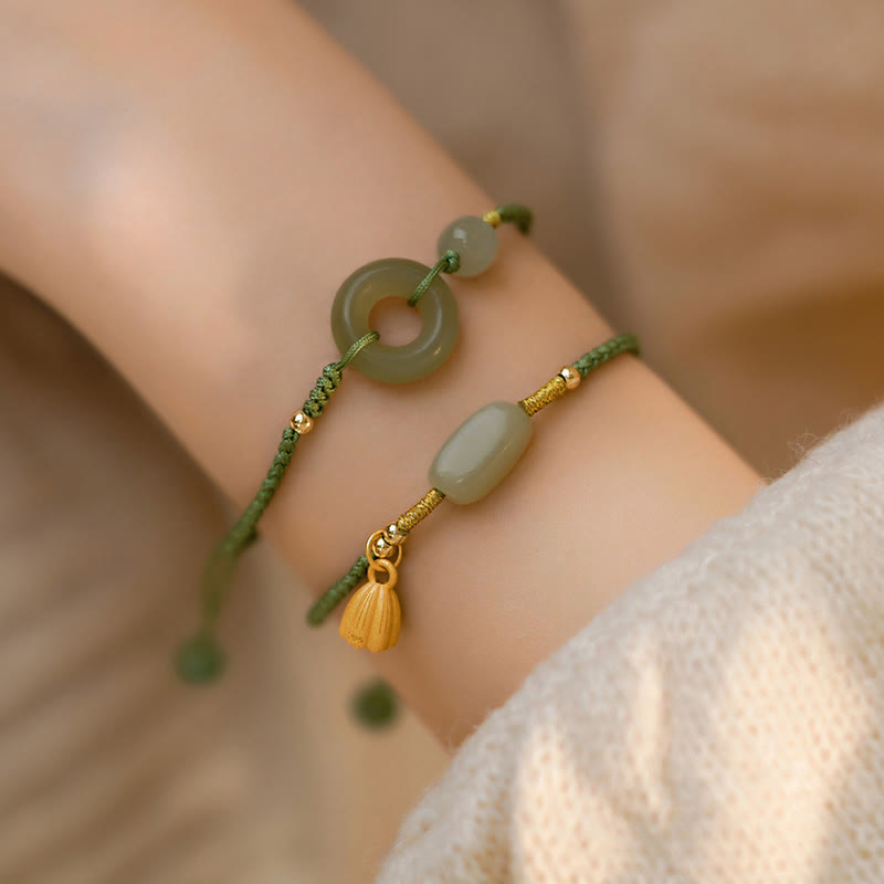 Fortune Jewel Lotus Jade Peace Buckle Bead Luck Happiness Charm String Bracelet