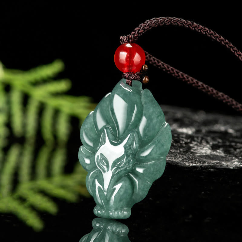 Fortune Jewel Natural Green Jade Nine Tailed Fox Luck Necklace Pendant