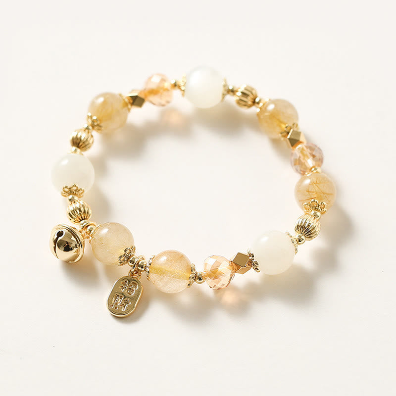 Fortune Jewel 14K Gold Plated Golden Rutilated Quartz Wealth Bell Lucky Fortune Charm Bracelet