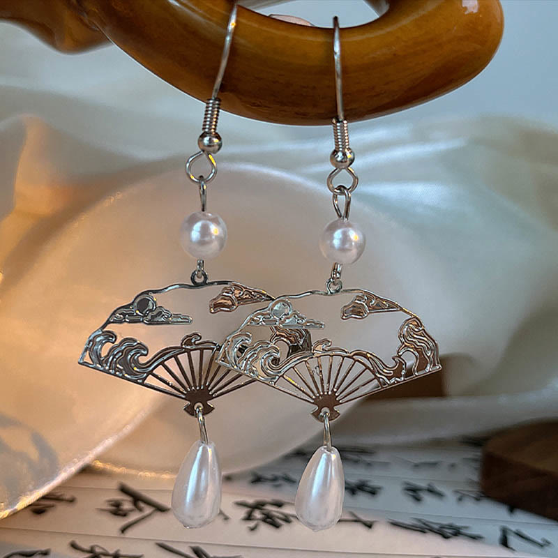 Fortune Jewel Copper Fan Auspicious Clouds Pearl Healing Drop Earrings