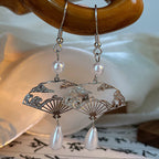 Fortune Jewel Copper Fan Auspicious Clouds Pearl Healing Drop Earrings