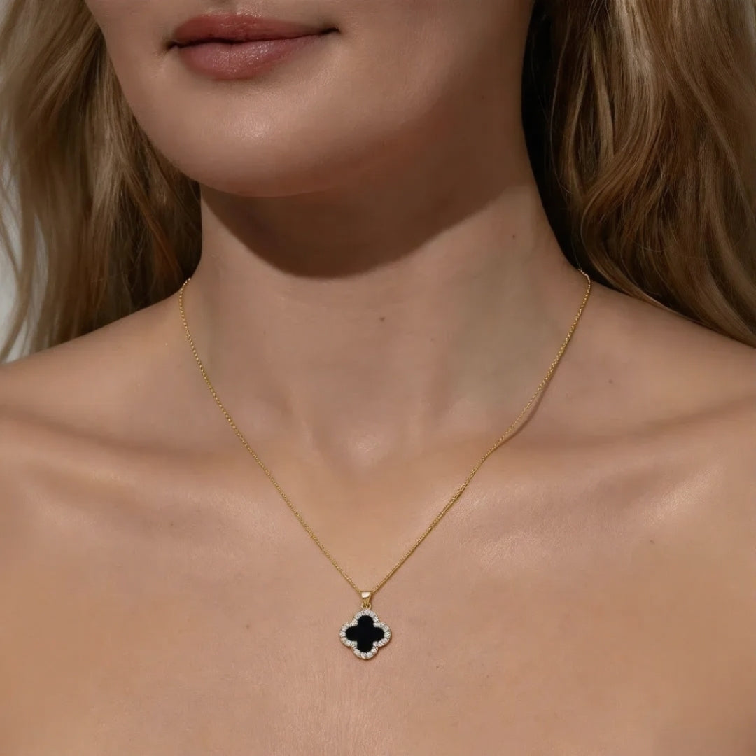 Lucky Four Leaf Clover Zircon Necklace - Classic Black Design