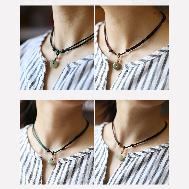 Fortune Jewel Natural Round Jade Peace Buckle Lotus Abundance String Necklace Pendant Fortune Jewel