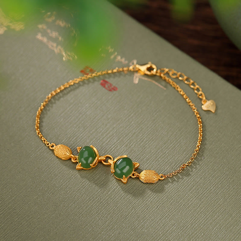 Fortune Jewel 925 Sterling Silver Natural Hetian White Jade Cyan Jade Lovely Fox Luck Bracelet