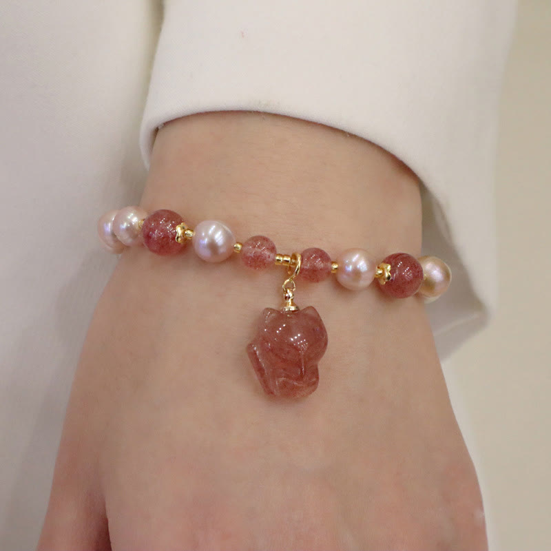 Fortune Jewel Natural Pearl Strawberry Quartz Cute Fox Love Healing Charm Bracelet