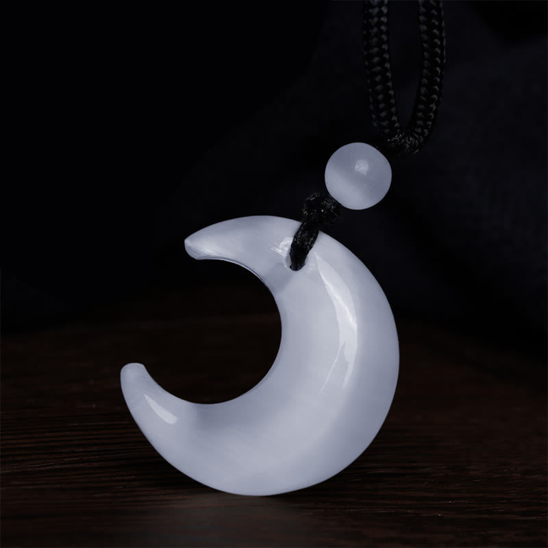 Fortune Jewel Natural Silver Sheen Obsidian Selenite Crystal Crescent Moon Yin Yang Couple Protection Necklace Pendant