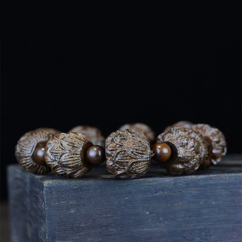 Fortune Jewel Ebony Wood Eighteen Arhats Lotus Dragon Engraved Balance Bracelet Fortune Jewel