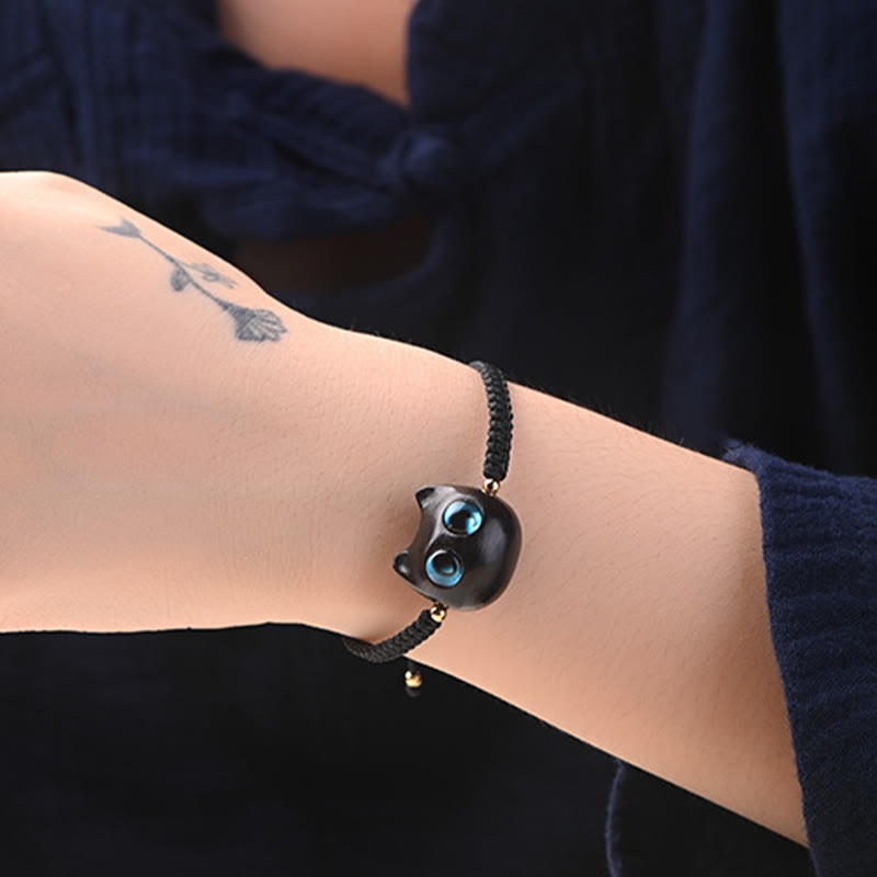 Fortune Jewel Small Leaf Red Sandalwood Ebony Wood Cute Cat Head Calm Protection Braided Bracelet