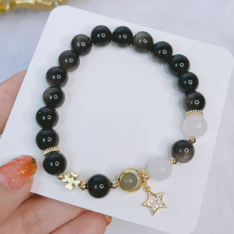 Fortune Jewel Natural Silver Sheen Obsidian Love Heart Star Flower Protection Bracelet