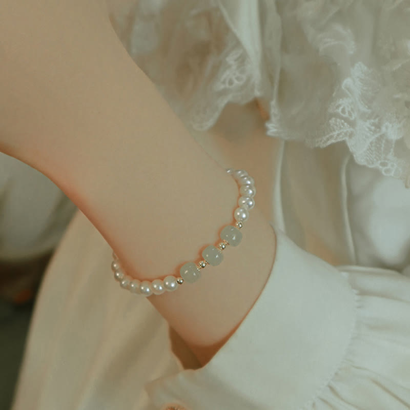 Fortune Jewel 14K Gold Plated Natural Pearl Hetian Cyan Jade White Jade Sincerity Bead Chain Bracelet