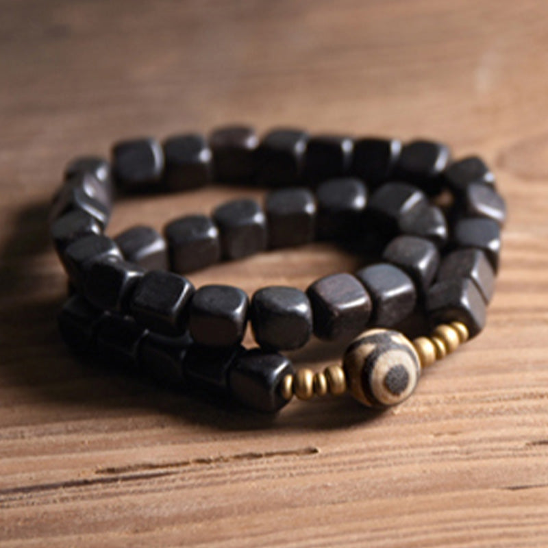Fortune Jewel Ebony Wood Dzi Bead Copper Peace Couple Bracelet