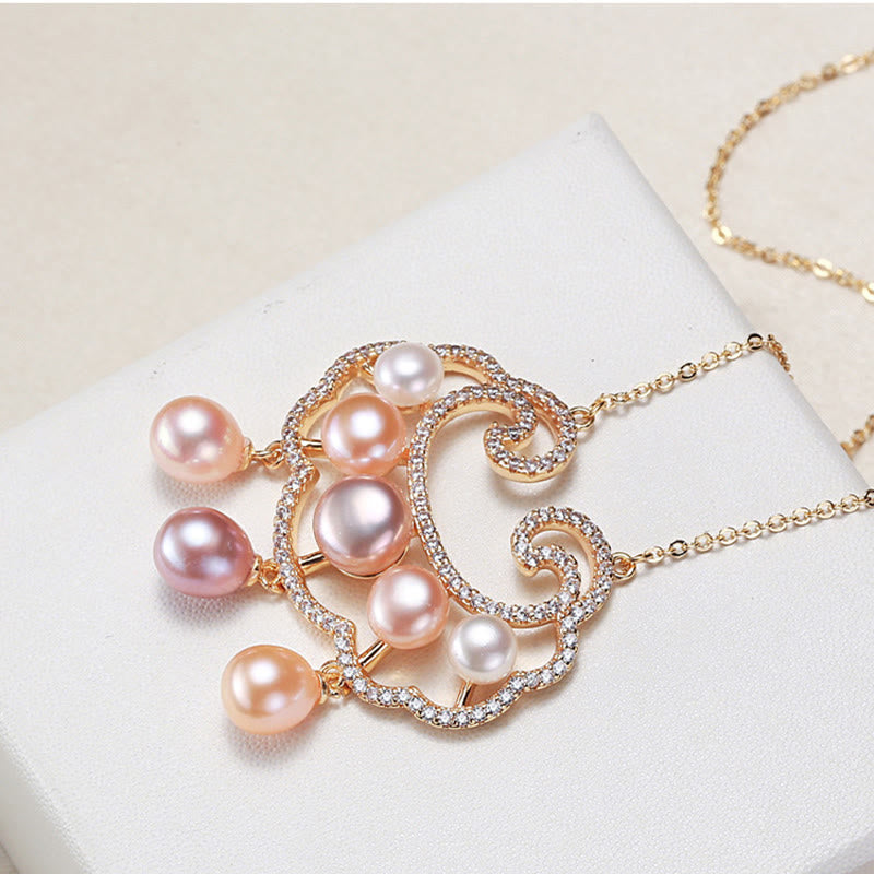 Fortune Jewel 18K Gold Plated Natural Pearl Chinese Lock Charm Sincerity Necklace Pendant