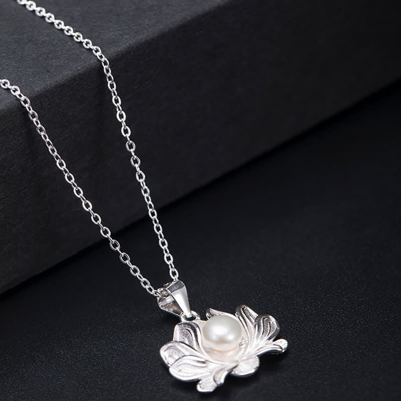 Fortune Jewel 925 Sterling Silver Lotus Flower Pearl Wealth Necklace Pendant Fortune Jewel
