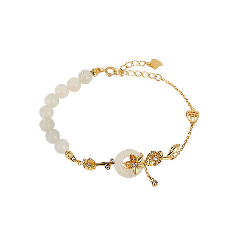 Fortune Jewel 925 Sterling Silver Hetian Jade Peace Buckle Lotus Luck Chain Bracelet