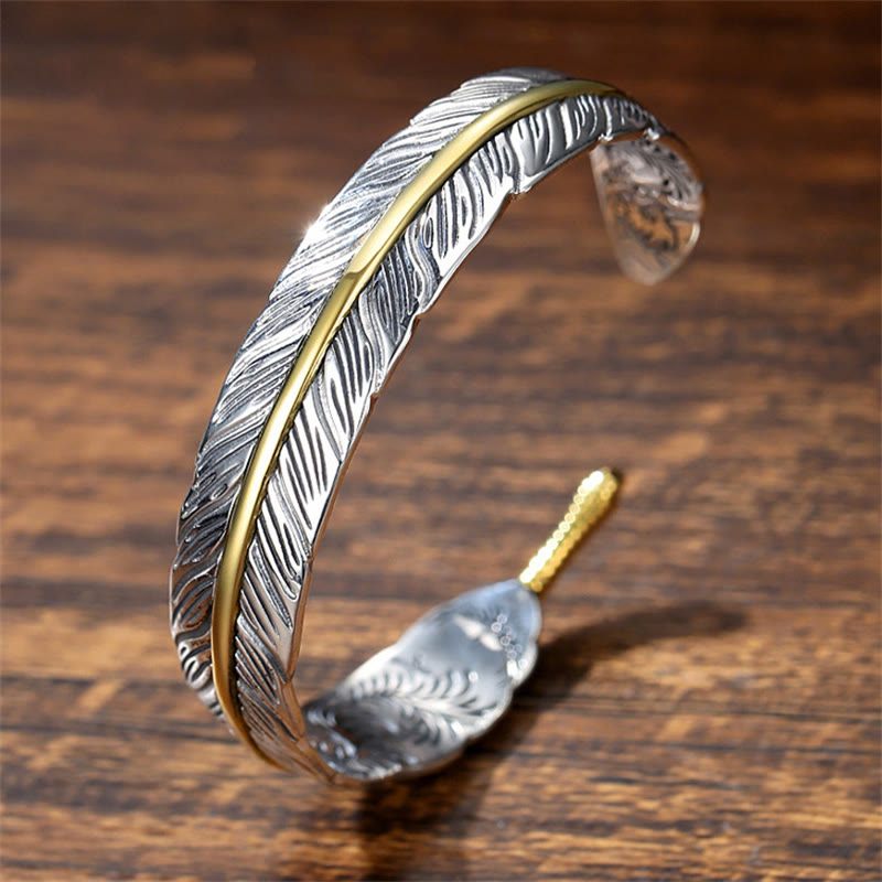 Fortune Jewel Feather Pattern Carved Luck Wealth Cuff Bracelet Bangle