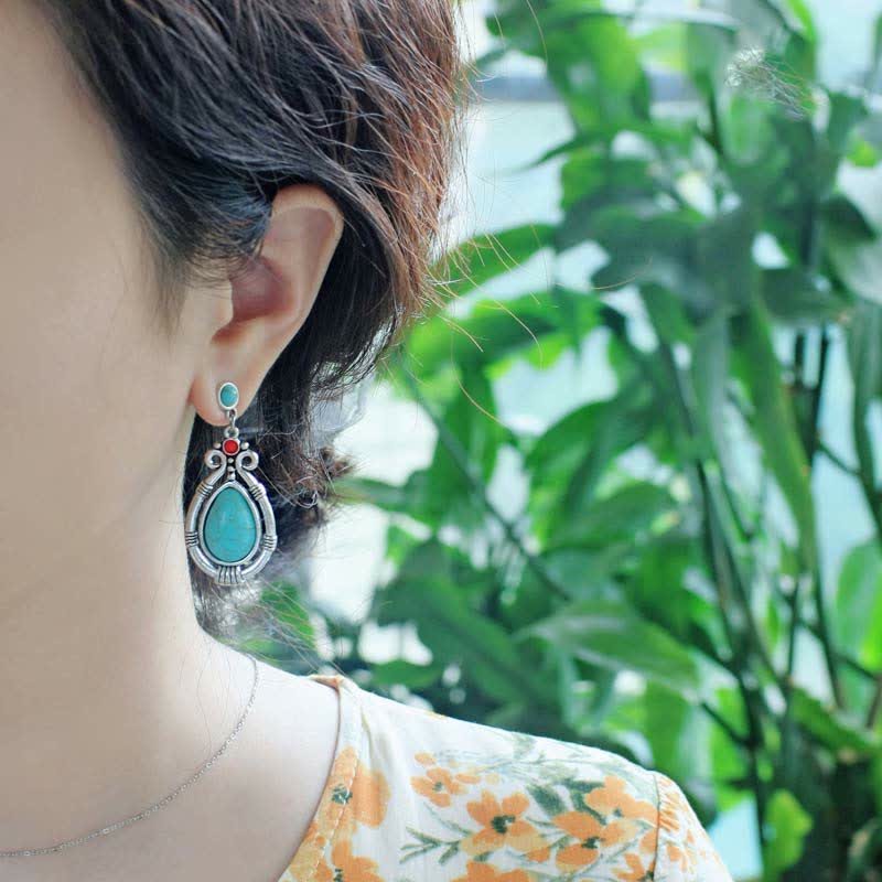 Fortune Jewel Tibet Vintage Turquoise Waterdrop Strength Drop Dangle Earrings Clips