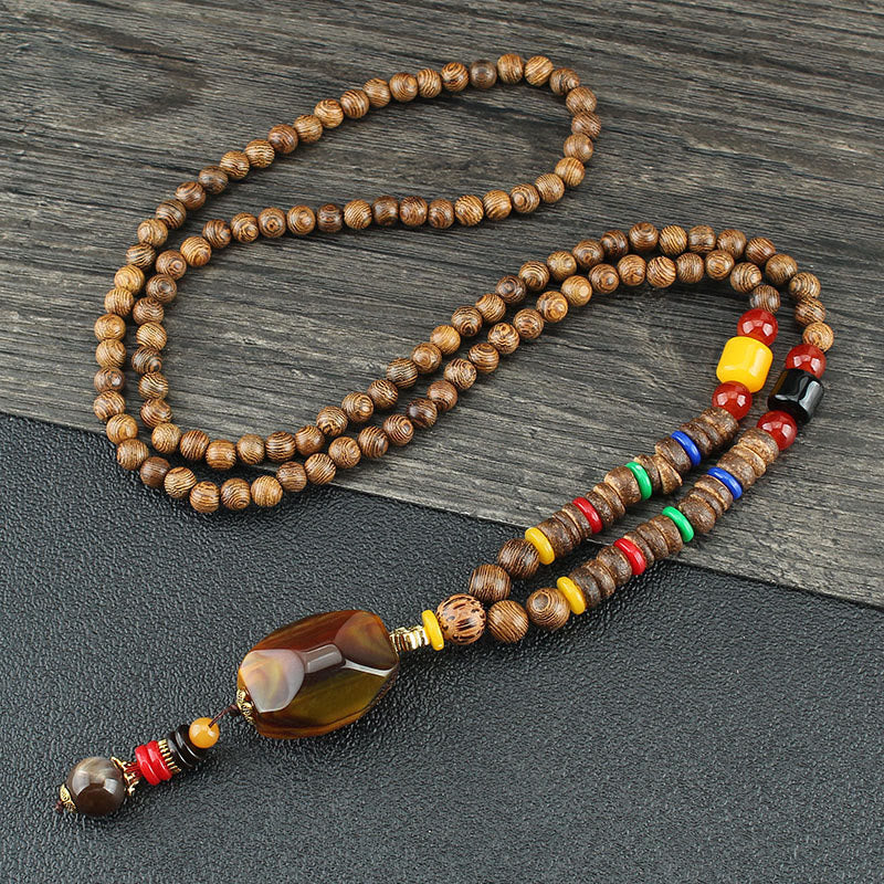 Fortune Jewel Tibetan Wenge Wood Bodhi Seed Agate Balance Peace Necklace Pendant