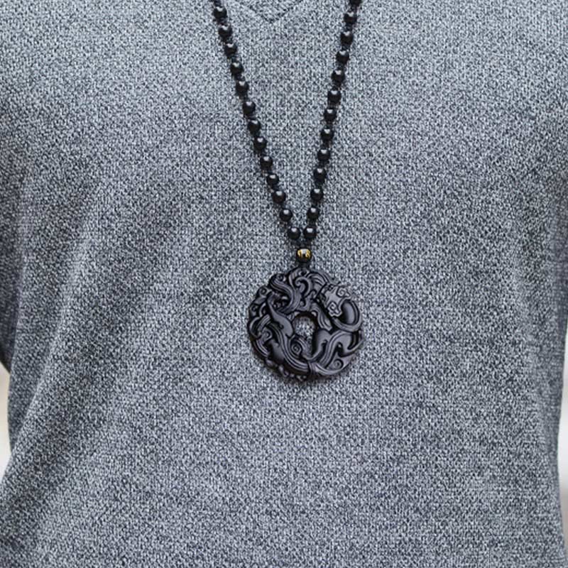 Fortune Jewel Natural Black Obsidian Peace Buckle Pixiu Purification Necklace Pendant
