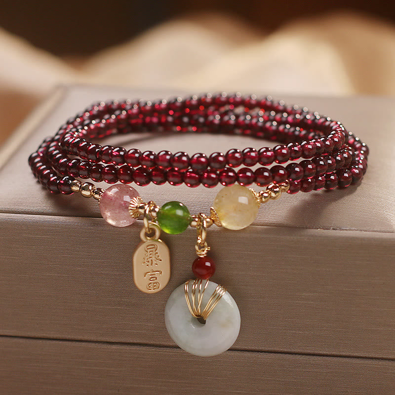 Fortune Jewel Natural Garnet Strawberry Quartz Crystal Fox Koi Fish Peace Buckle Fortune Protection Triple Wrap Bracelet