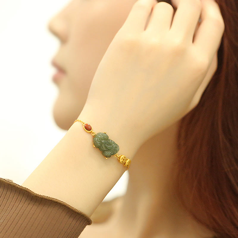 Fortune Jewel Cyan Jade PiXiu Copper Coin Red Agate Success Chain Bracelet