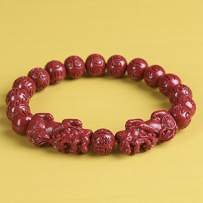 Fortune Jewel Natural Double PiXiu Cinnabar Om Mani Padme Hum Wealth Luck Bead Bracelet