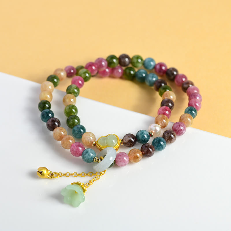 Fortune Jewel Multicolored Tourmaline Gourd Wisdom Double Wrap Lily Of The Valley Charm Bracelet
