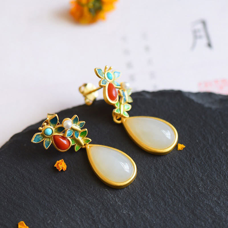Fortune Jewel Water Drop White Jade Red Agate Butterfly Protection Drop Dangle Earrings