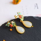 Fortune Jewel Water Drop White Jade Red Agate Butterfly Protection Drop Dangle Earrings