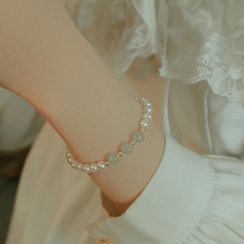 Fortune Jewel 14K Gold Plated Natural Pearl Hetian Cyan Jade White Jade Sincerity Bead Chain Bracelet