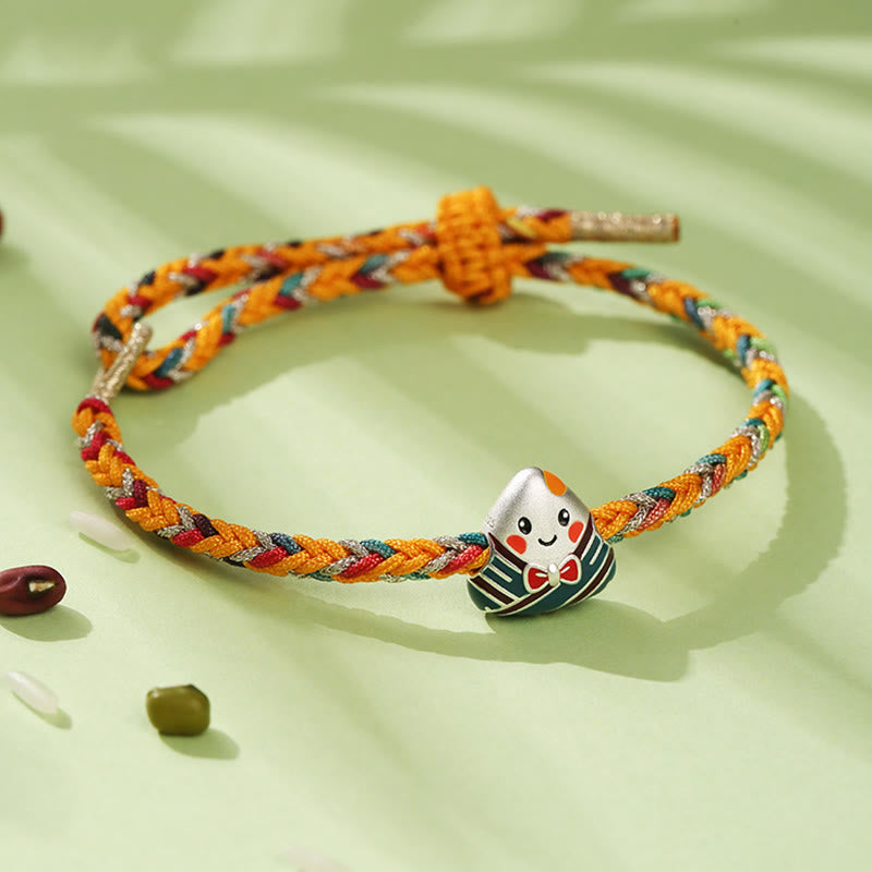 Fortune Jewel 925 Sterling Silver Dragon Boat Festival Zongzi Pattern Luck Handmade Multicolored Rope Child Adult Bracelet