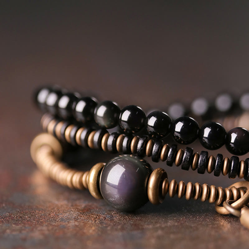 Fortune Jewel Rainbow Obsidian Ebony Wood Copper Healing Triple Wrap Bracelet