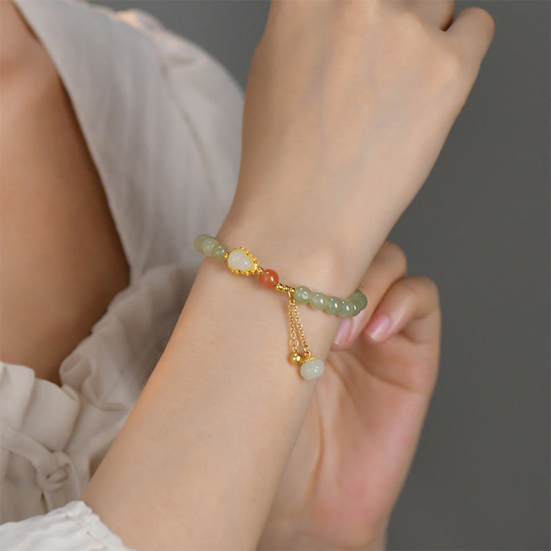 Fortune Jewel 925 Sterling Silver Hetian Jade Gourd Lotus Abundance Luck Bracelet
