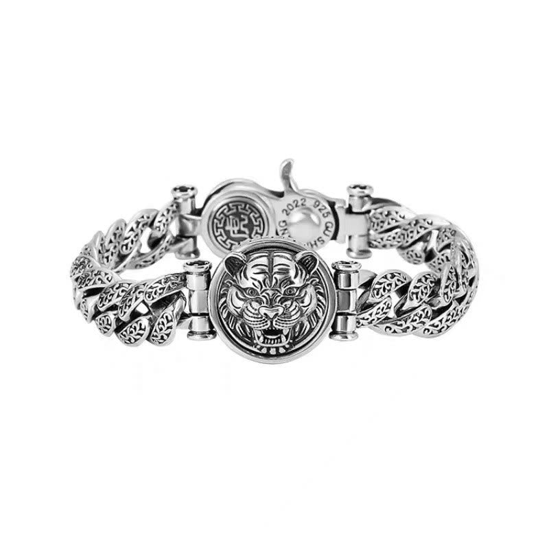 Fortune Jewel Tiger Tang Dynasty Flower Design Engraved Luck Energy Bracelet