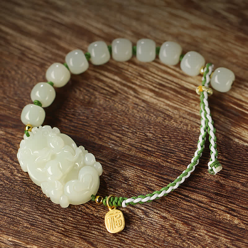 Fortune Jewel 925 Sterling Silver Chinese Zodiac Hetian Jade Happiness Luck String Bracelet