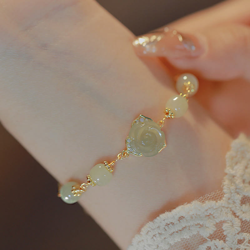 Fortune Jewel 14K Gold Plated Hetian Jade Rose Flower Luck Chain Bracelet