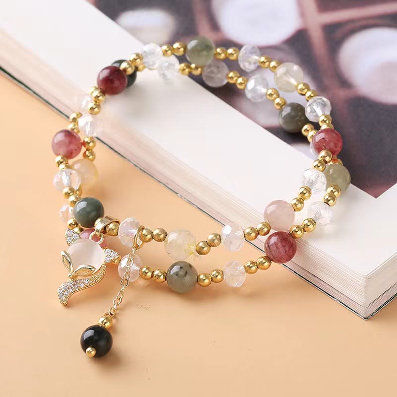 Fortune Jewel Multicolored Rutilated Quartz Fox Protection Double Wrap Bracelet