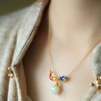 Fortune Jewel White Jade Koi Fish Lotus Copper Protection Necklace Pendant Fortune Jewel