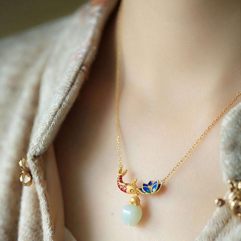 Fortune Jewel White Jade Koi Fish Lotus Copper Protection Necklace Pendant Fortune Jewel