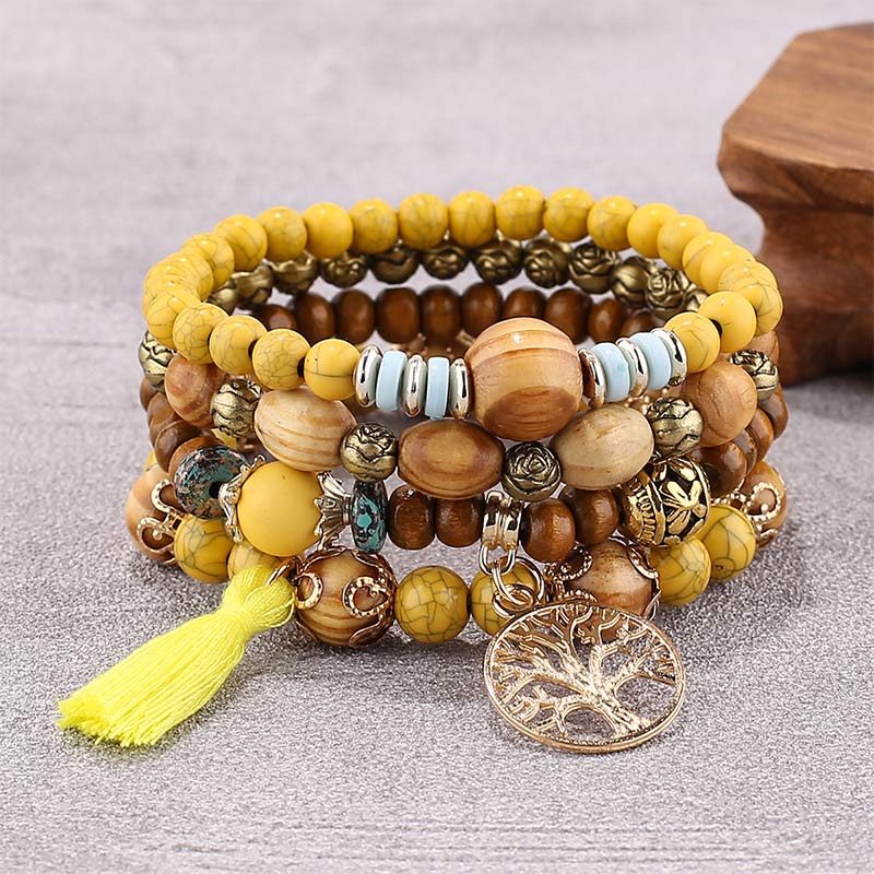 Fortune Jewel Wenge Wood Layered Tree Tassel Healing Bracelet - Fortune Jewel