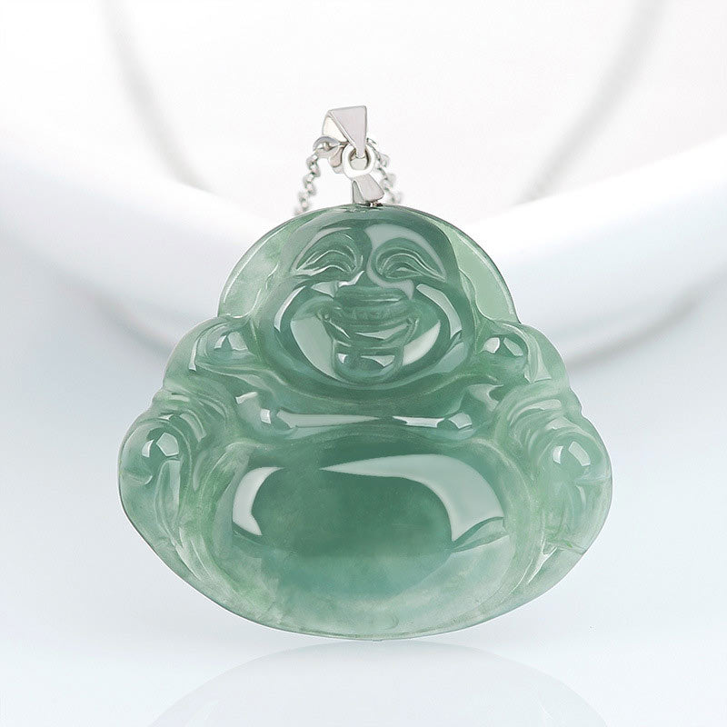 Fortune Jewel Laughing Buddha Jade Protection Calm Titanium Steel Chain Necklace Pendant Fortune Jewel
