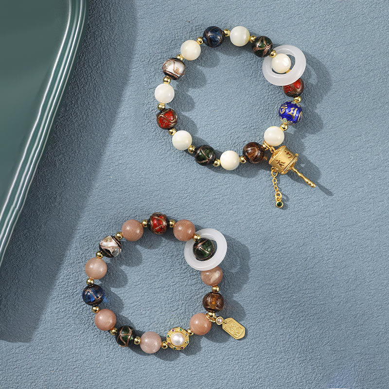Fortune Jewel Tibetan Incense Ash Liuli Glass Tridacna Stone Sun Stone Om Mani Padme Hum Prayer Wheel Charm Bracelet