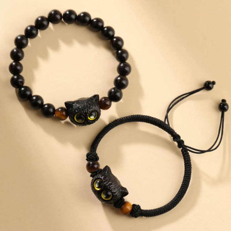 Fortune Jewel Cute Ebony Wood Cat Head Pattern Peace Bracelet