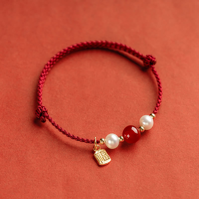 Fortune Jewel 925 Sterling Silver Good Fortune Fu Character Agate Pearl Red String Braid Bracelet