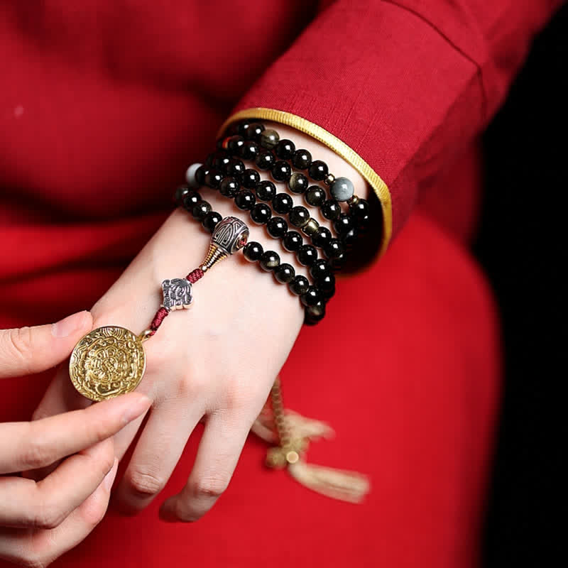 Fortune Jewel 108 Mala Beads Gold Sheen Obsidian Tiger Eye Eagle's Eye Stone Wealth Bracelet