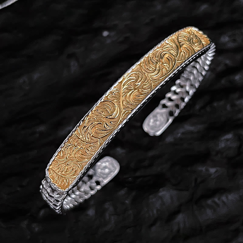 Fortune Jewel Tang Dynasty Flower Design Engraved Copper Luck Cuff Bracelet Bangle Adjustable Ring