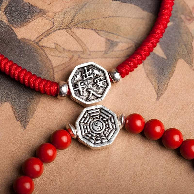 Fortune Jewel 925 Sterling Silver Yin Yang Bagua Symbol Cinnabar String Concentration Bracelet