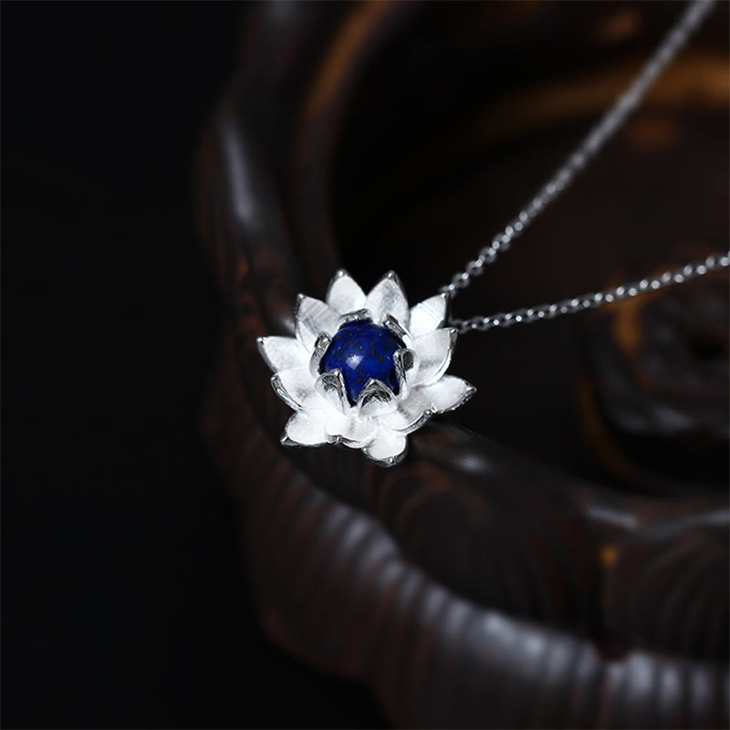Fortune Jewel 925 Sterling Silver Lazurite Lotus Flower Self Care Necklace Pendant