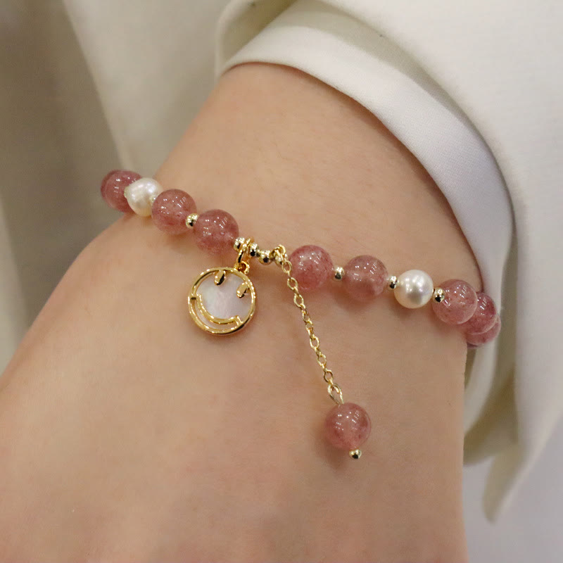 Fortune Jewel Strawberry Quartz Pearl Elk Smiley Face Fishtail Fu Character Charm Healing Bracelet